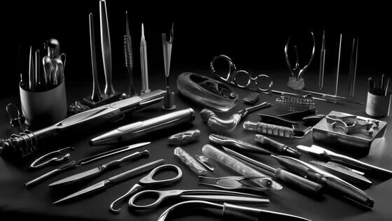 different barber tools made of steel, like razors, scissors, tweezers and more